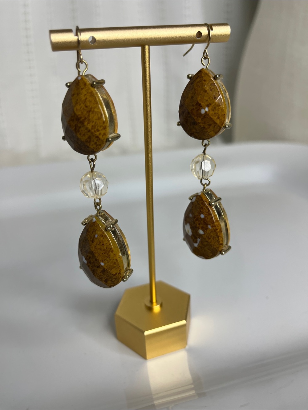 Gold-Tone Brown Stone 2-Sided Teardrop Crystal Dangle Earrings - Picture 2 of 8